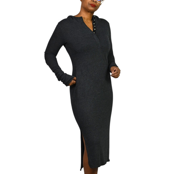Noctex Henley Sweater Dress Grey Charcoal Wool Midi Hooded Pockets Side Slits XS - Picture 10 of 15